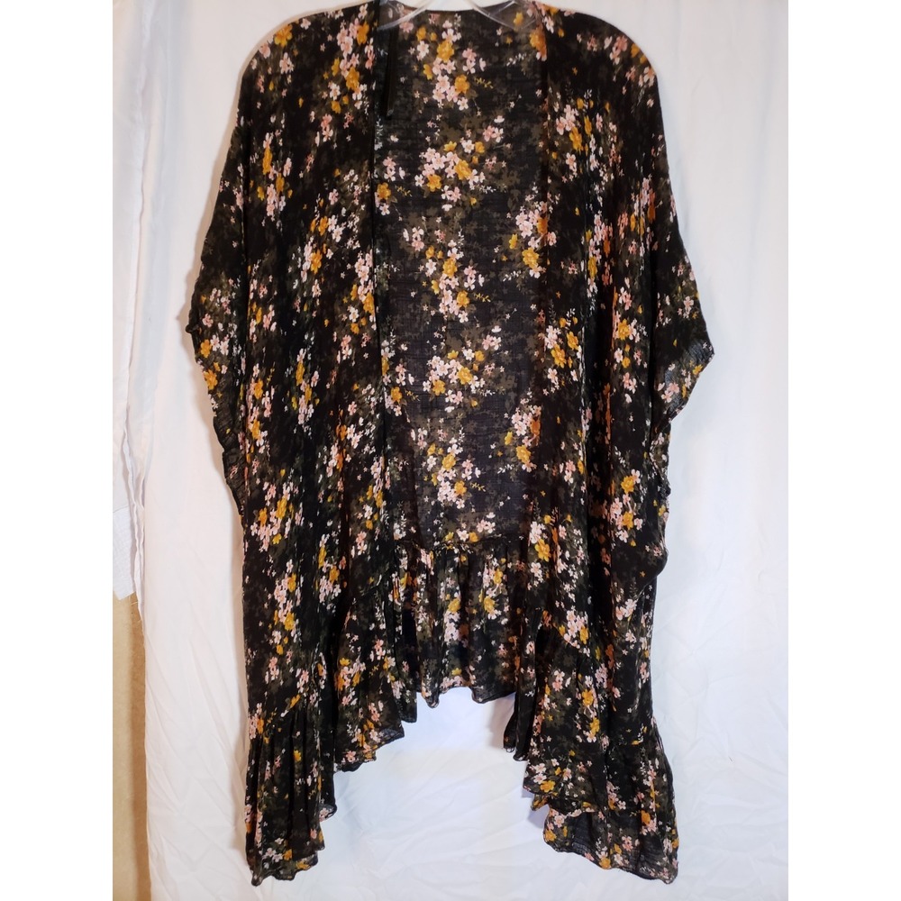 Women's Black Floral One Size Kimono